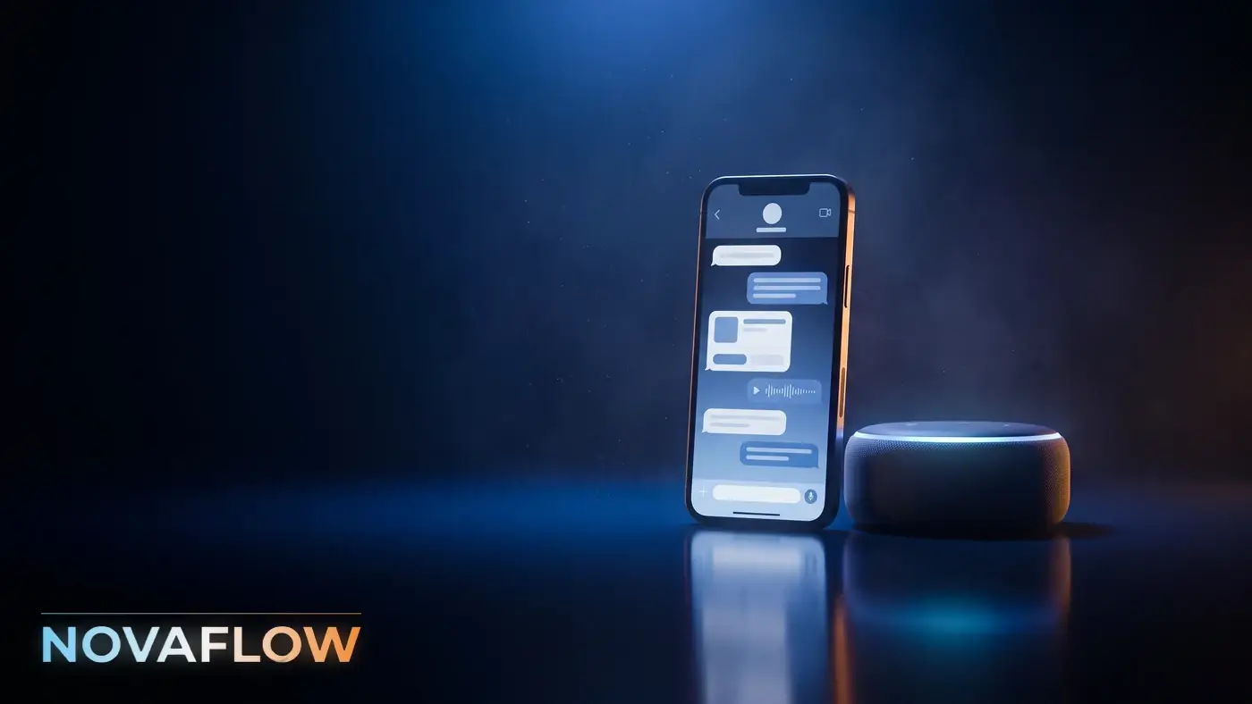 Teléfono mostrando una conversación de chat junto a un altavoz inteligente