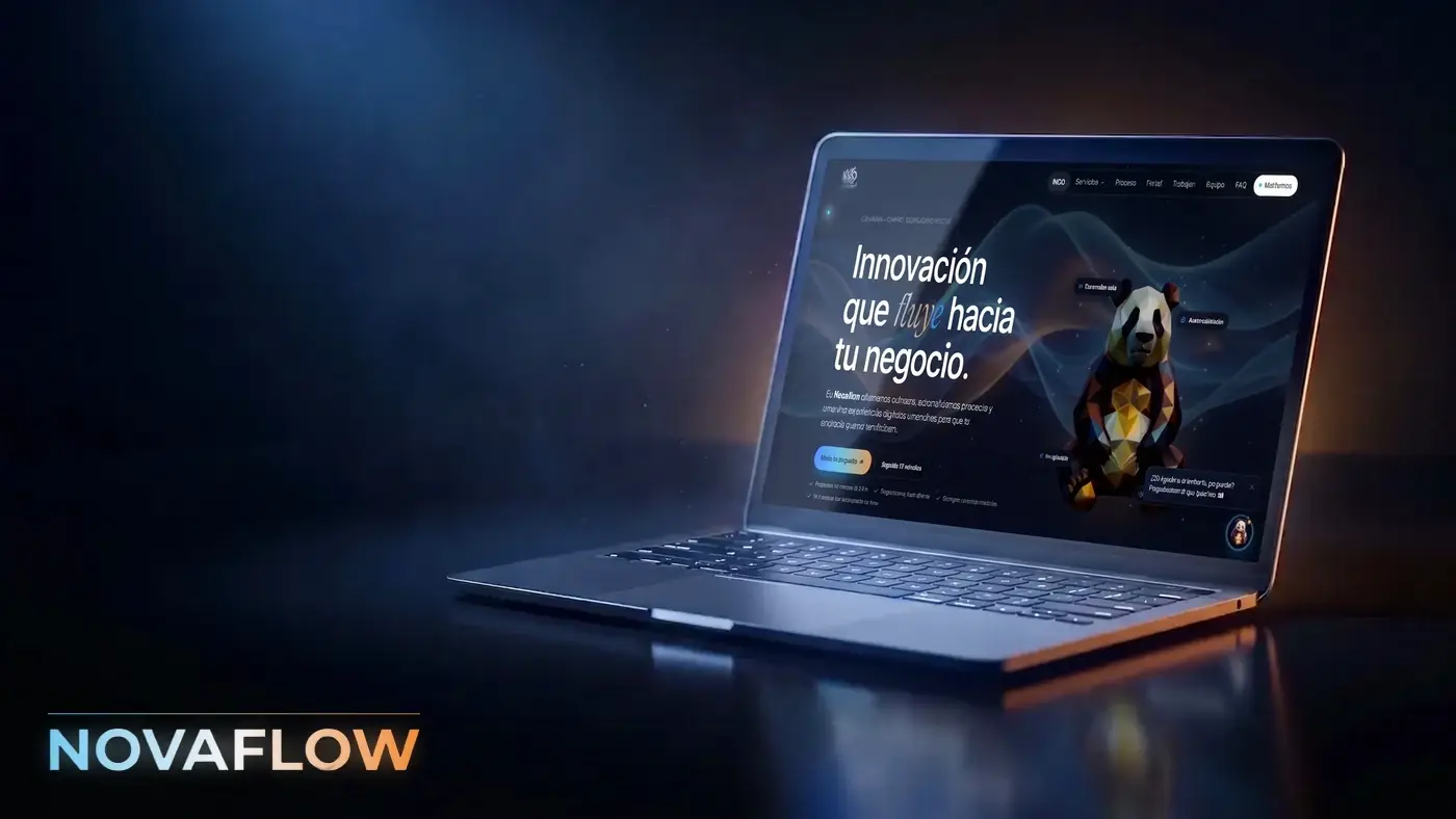 Portátil abierto mostrando la portada de la web de Novaflow, con su titular y la mascota